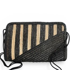 Genie Striped Raffia Black & Natural Rectangle Clutch